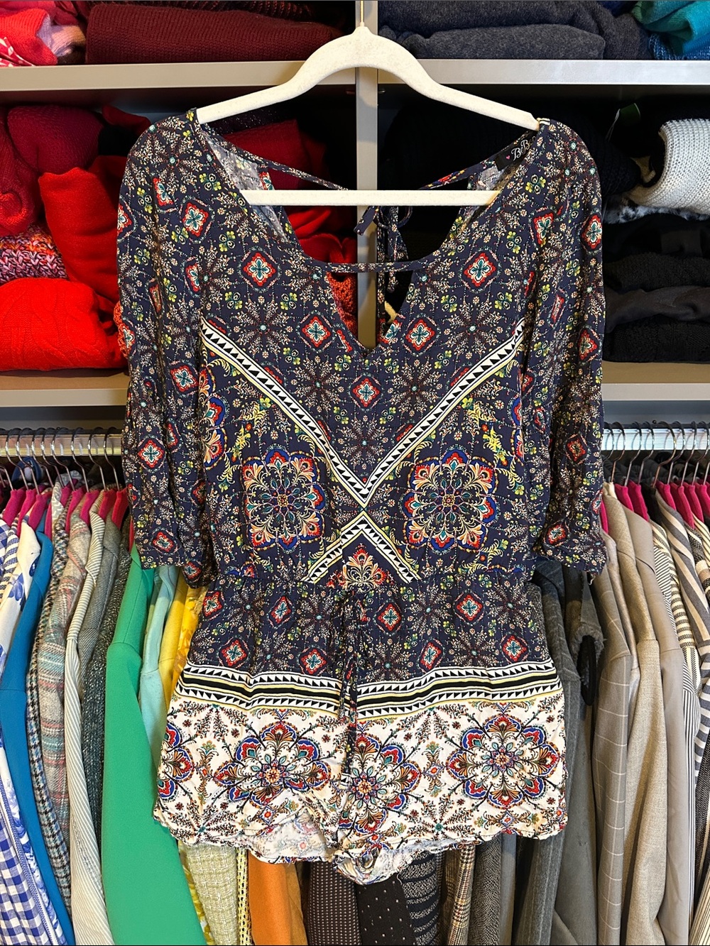 BeBop navy/red/white print back tie elastic waistband 3/4 sleeve romper size S